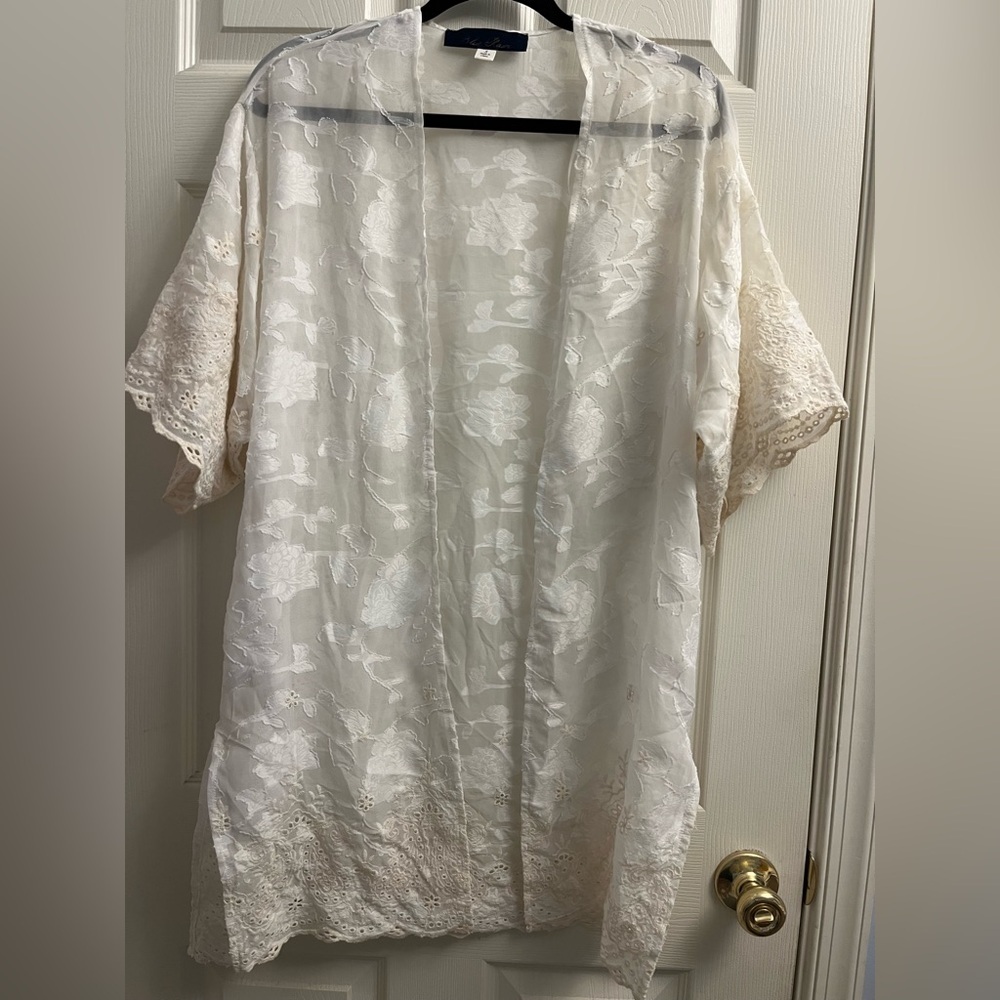 Blue Rain Floral Lace Kimono in White and Off White Small